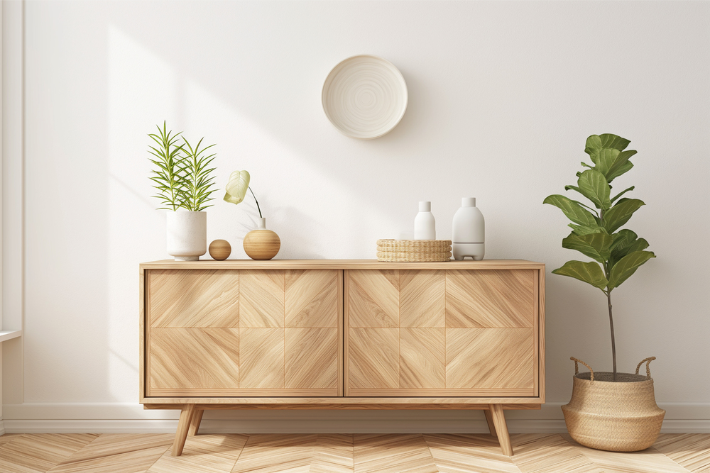 Aparador moderno de madera clara con decoración minimalista que incluye jarrones, una planta y una bandeja tejida, creando un ambiente equilibrado y acogedor en la sala de estar.